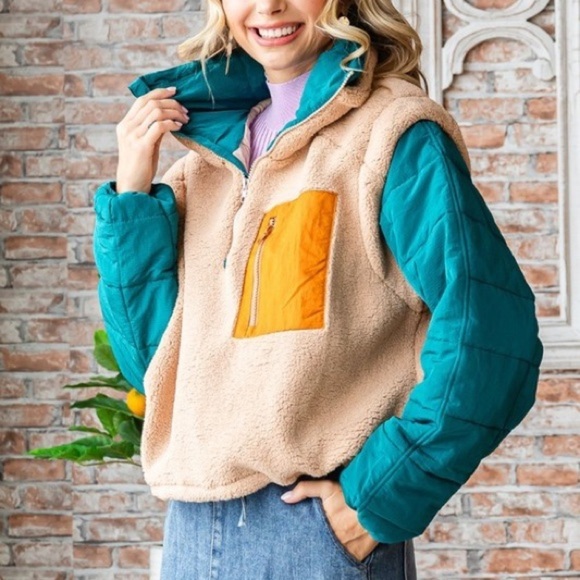 Sherpa Fleece Quilted Puffer Sleeve Cropped Half Zip Pullover Jacket Beige Combo - Picture 2 of 10